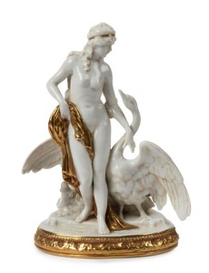 SITZENDORF Leda and The Swan German porcelain figure group with gilded decoration, green factory mark to base, 22cm high