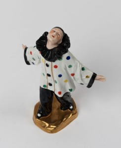 ROYAL VIENNA Austrian porcelain Pierrot statue on gilt base, blue beehive factory mark to base, 16cm high