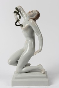 HEREND Hungarian porcelain statue of a female nude with asp, blue factory mark to base, 24.5cm high