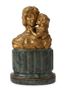 A Continental bronze gilt bronze bust, mother with child, mounted on variated green marble base, 17.5cm high overall