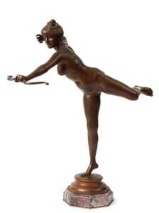 ALEXANDRE FALGUIERE (1831-1900) "Diane Chasseresse" cast bronze female nude statue on rouge marble base, signed "Falguiere", ​​​​​​​43cm high overall