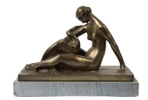 FALGUIERE AMEDEO GENNARELLI (1881-1943), Leda and The Swan, cast bronze statue on grey marble base, signed "A. Gennarelli", 27cm high, 37.5cm wide