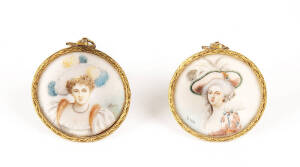 MINIATURE PORTRAITS: Pair of hand painted circular portraits painted on ivory both signed Diea, title verso "Duchesse de Parme" & "Amelie Alderton".  4.5cm each