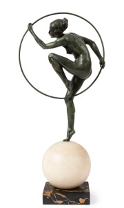 A Continental Art Deco bronze female nude figural lamp with black and white marble shade and base, circa 1920s, 50cm high overall
