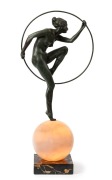 A Continental Art Deco bronze female nude figural lamp with black and white marble shade and base, circa 1920s, 50cm high overall - 5
