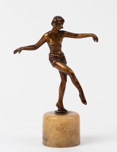 JOSEF LORENZL (1892-1950) (attributed), Art Deco miniature bronze statue of a dancing woman on alabaster base, circa 1925, 17cm high