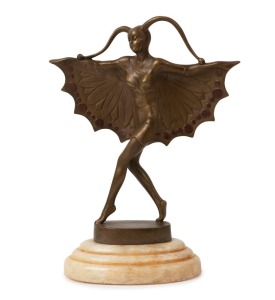 BARNER Art Deco bronze statue of a fairy nymph on oval stepped white marble base, signed "Barner, Real Bronze, Made in Austria", 22.5cm high