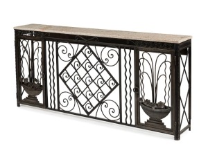 A French Art Deco style wrought iron and marble console, 20th century, ​​​​​​​85cm high, 182cm wide, 29cm deep