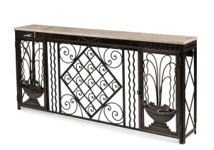 A French Art Deco style wrought iron and marble console, 20th century, 85cm high, 182cm wide, 29cm deep