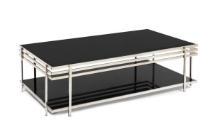 An Art Deco style coffee table, chrome finished steel and black glass, 20th century, ​​​​​​​41cm high, 143cm wide, 83cm deep