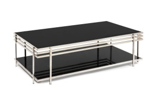 An Art Deco style coffee table, chrome finished steel and black glass, 20th century, 41cm high, 143cm wide, 83cm deep
