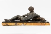 A French Art Deco spelter statue of a reclining female nude and dog on Sienna marble base, circa 1930, 23cm high, 54cm wide - 2