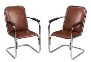 MARCEL BREUER style chrome and leather armchairs, 89cm high, 55cm across the arms