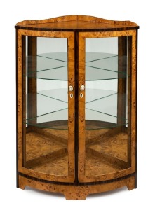 An Art Deco corner display cabinet, Karelian birch, mid 20th century, 116cm high, 85cm wide, 60cm deep