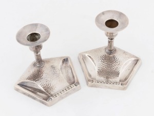 W.M.F. pair of German silver plated Art Deco candle holders, early 20th century, stamped "W.M.F.", ​​​​​​​9.5cm high
