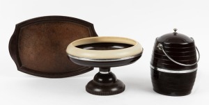 An Art Deco bakelite serving tray, compote and ice barrel, circa 1930, the tray 34cm wide