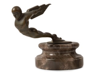 CAR MASCOT vintage Art Deco bronze mounted on grey marble base, circa 1930s, mascot 17cm long