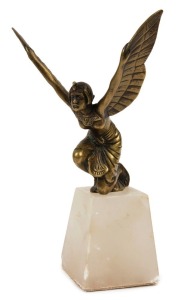 CAR MASCOT vintage Art Deco bronze winged lady in the Egyptian style, mounted on alabaster base, circa 1930s, the mascot 13cm high, 20cm high overall