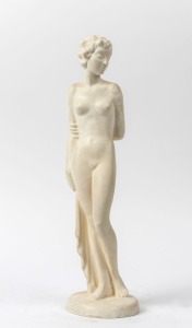 A Continental Art Deco cream porcelain statue of a standing female nude, 40cm high