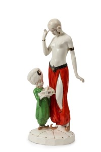 A Czechoslovakian Art Deco porcelain figural group in the Orientalist style, circular factory mark to base "Made in Czechoslovakia", 36cm high