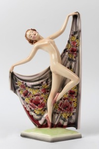 GOLDSCHEIDER Austrian porcelain statue of a dancing female nude with floral shawl adorned with opium poppies, black factory mark "Goldscheider, Wien, Made in Austria, Hand Decorated", 40.5cm high