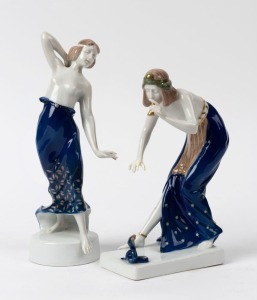 ROSENTHAL two German Art Deco porcelain statues of the snake charmer and dancing lady, green factory marks to base, 20cm and 23cm high