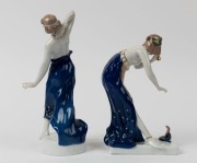 ROSENTHAL two German Art Deco porcelain statues of the snake charmer and dancing lady, green factory marks to base, 20cm and 23cm high - 2