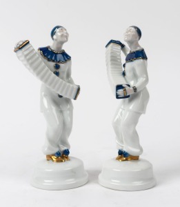 ROSENTHAL German Art Deco pair of porcelain statues of accordion players, green factory marks to bases, signed "A. Cousmann", 19cm high