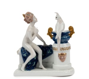ROSENTHAL German porcelain statue of a female nude with parrot and urn, green factory mark to base, signed "A. Oppel", 17cm high