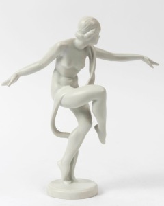 HEREND Hungarian white porcelain statue of a dancing woman in the Art Deco style, blue factory mark to base, 21cm high