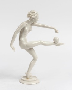 HUTSCHENREUTHER German white porcelain statue of a dancing female figure, green factory mark to base, 21cm high