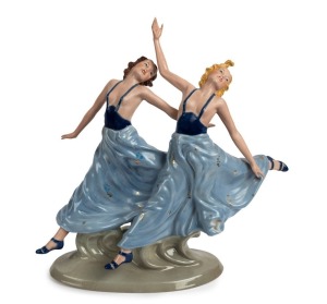 ROYAL DUX Czechoslovakian porcelain figural group of two dancing ladies in blue dresses, green triangle factory mark to base, 37cm high