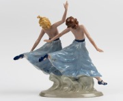 ROYAL DUX Czechoslovakian porcelain figural group of two dancing ladies in blue dresses, green triangle factory mark to base, 37cm high - 2