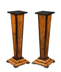 A pair of Austrian Art Deco pedestals, Karelian birch and macassar ebony, circa 1925, ​​​​​​​92cm high, 25cm wide, 25cm deep