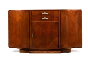 A French Art Deco palisander sideboard with serpentine front, circa 1930, 104cm high, 180cm wide, 50cm deep