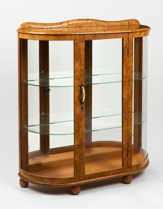 An Art Deco display cabinet, Karelian birch and glass with ivorine handle, mid 20th century, 107cm high, 96cm wide, 32cm deep