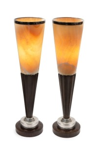 A pair of Art Deco style floor lamps, alabaster, bakelite, chrome and macassar ebony, late 20th century, 87cm high