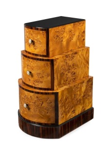 An Austrian Art Deco three drawer waterfall chest of drawers, Karelian birch and macassar ebony with ivorine handles, circa 1925, 90cm high, 50cm wide, 56cm deep