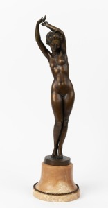 JOSEF LORENZL (Austria, 1892-1950), Art Deco bronze statue of a standing female nude on marble base, ​​​​​​​signed "Lorenzl", 55cm high overall