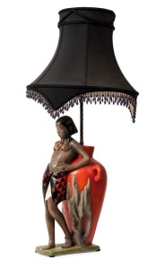 LENCI Italian Art Deco figural porcelain table lamp with black fabric and tassel shade, signed "Lenci, Made in Italy", with original label, 76cm high overall
