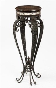 A wrought iron pedestal with mirrored frieze and faux marble top, late 20th century, 109cm high, 36cm diameter