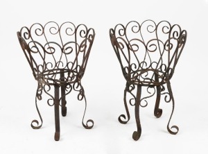 A pair of vintage wrought iron planter stands, mid 20th century, 60cm high