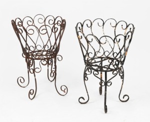 A pair of vintage wrought iron planter stands, mid 20th century, 60cm high