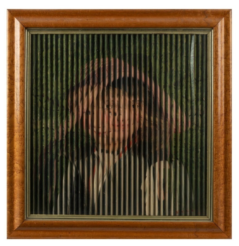 An antique lenticular print in original birdseye maple frame,19th century, 60 x 58cm overall