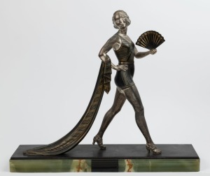 A French Art Deco statue of a lady with fan, patinated and silvered spelter on green onyx and black slate base, circa 1930, signed "R. Rochard", 59cm high, 70cm wide, 18cm deep