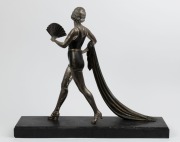 A French Art Deco statue of a lady with fan, patinated and silvered spelter on green onyx and black slate base, circa 1930, signed "R. Rochard", 59cm high, 70cm wide, 18cm deep - 2