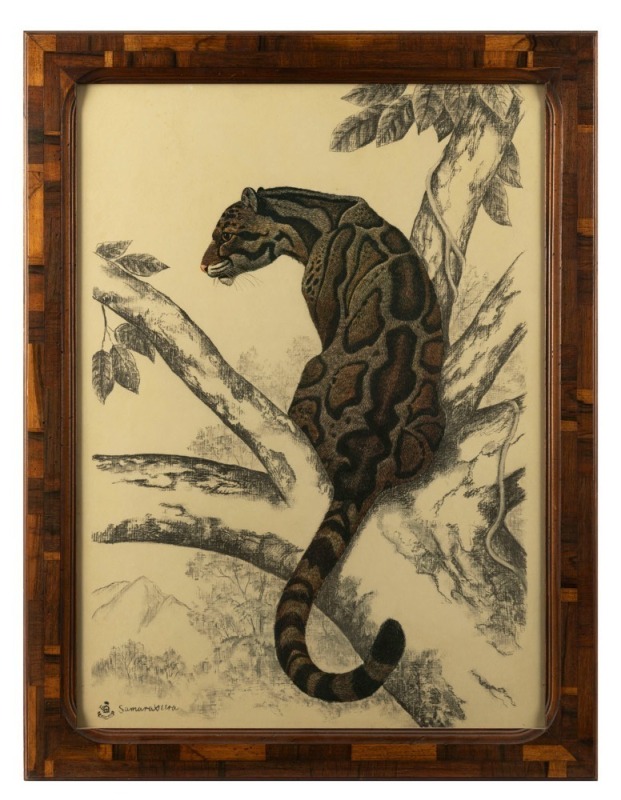 A vintage print of a leopard in parquetry timber frame, 87 x 67cm overall