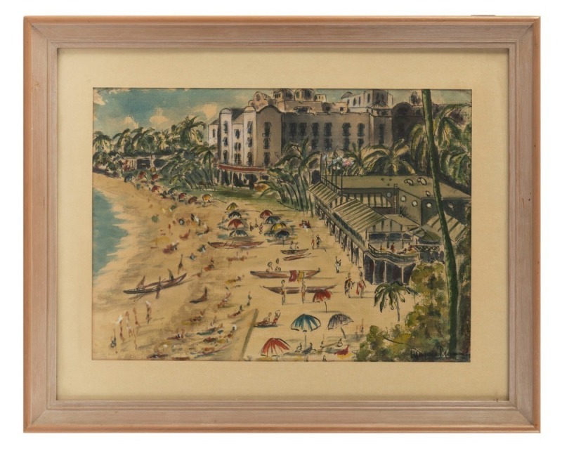 ARTIST UNKNOWN, (beach scene), ink and watercolour, signed lower right (illegible), ​​​​​​​27 x 37cm, 41 x 51cm overall