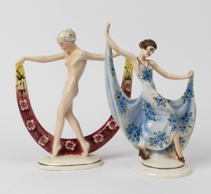 A pair of Continental porcelain statues of dancing women, mid 20th century, factory marks to bases, 28cm and 29cm high