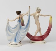 A pair of Continental porcelain statues of dancing women, mid 20th century, factory marks to bases, 28cm and 29cm high - 2